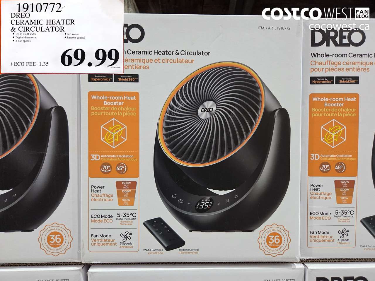 1910772 DREO CERAMIC HEATER & CIRCULATOR $69.99