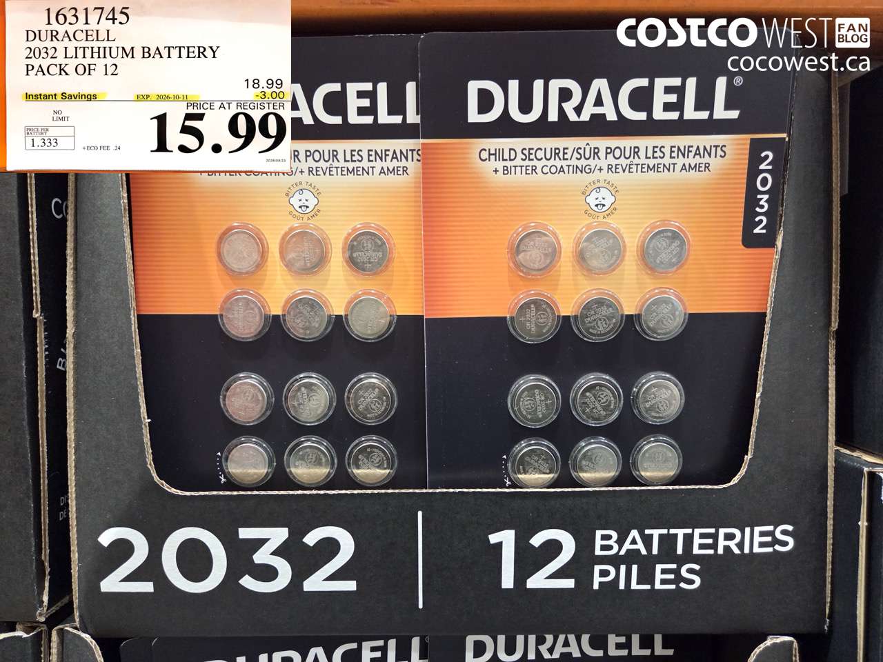 1631745 DURACELL 2032 LITHIUM BATTERY PACK OF 12 ($3.00 INSTANT SAVINGS EXPIRES ON 2026-10-11) $15.99