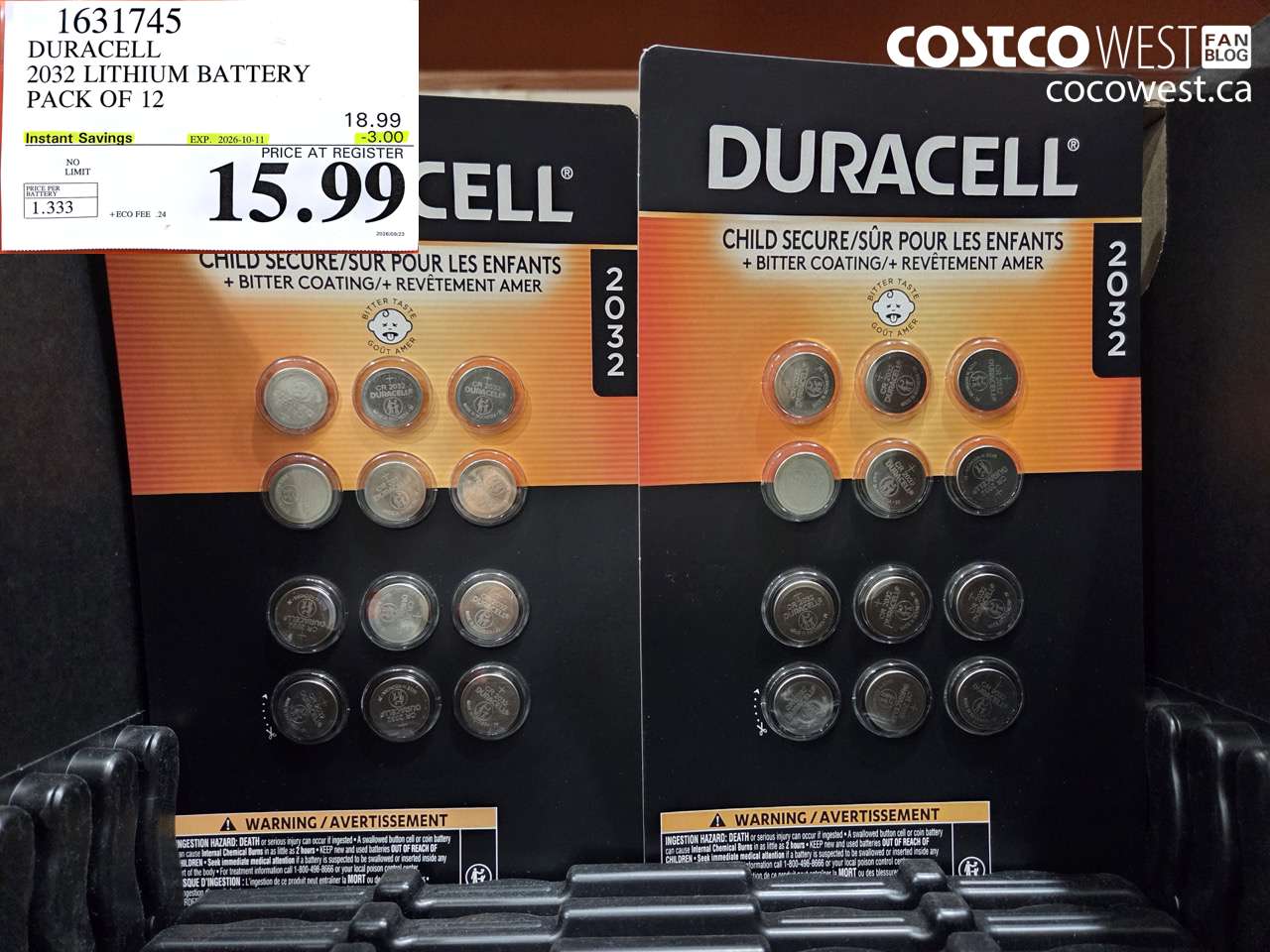 1631745 DURACELL 2032 LITHIUM BATTERY PACK OF 12 ($3.00 INSTANT SAVINGS EXPIRES ON 2026-10-11) $15.99