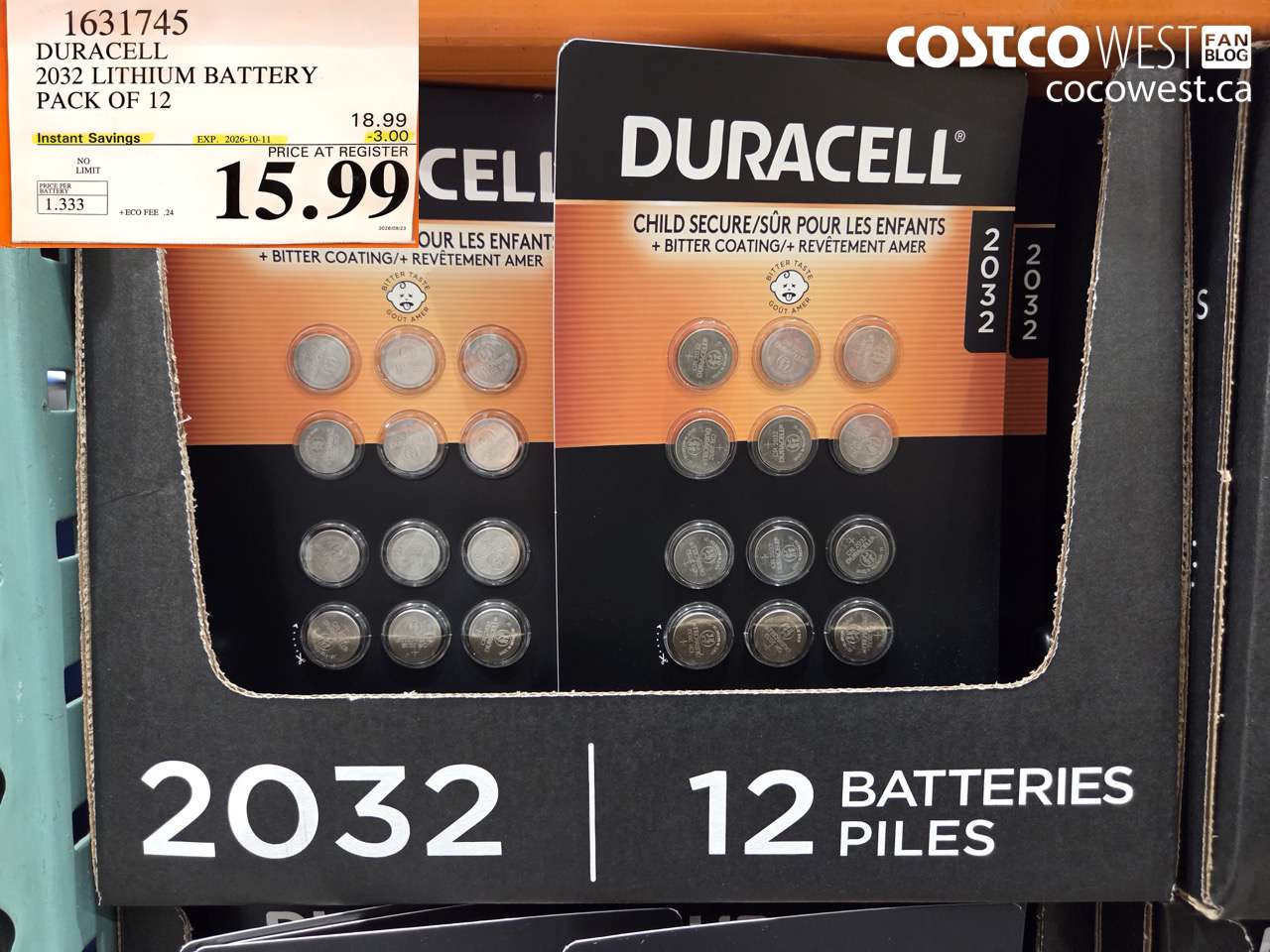 1631745 DURACELL 2032 LITHIUM BATTERY PACK OF 12 ($3.00 INSTANT SAVINGS EXPIRES ON 2026-10-11) $15.99