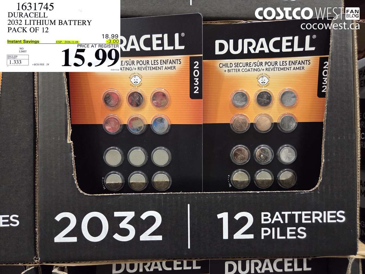 1631745 DURACELL 2032 LITHIUM BATTERY PACK OF 12 ($3.00 INSTANT SAVINGS EXPIRES ON 2026-11-08) $15.99