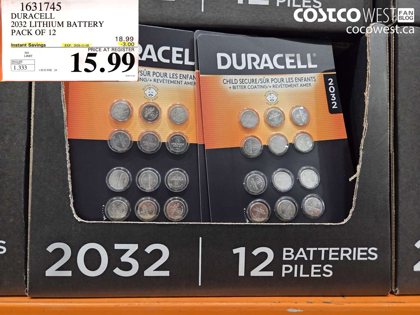 1631745 DURACELL 2032 LITHIUM BATTERY PACK OF 12 ($3.00 INSTANT SAVINGS EXPIRES ON 2026-11-08) $15.99