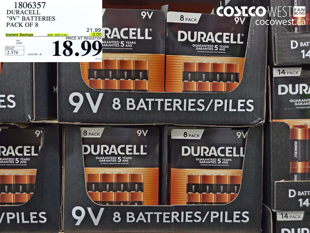 1806357 DURACELL 9V BATTERIES PACK OF 8 ($3.00 INSTANT SAVINGS EXPIRES ON 2026-11-08) $18.99