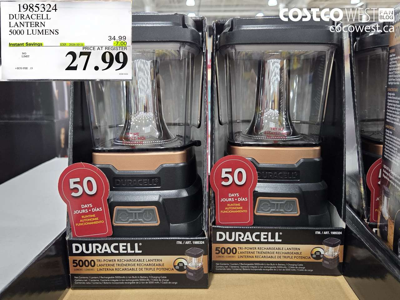 1985324 DURACELL LANTERN 5000 LUMENS ($7.00 INSTANT SAVINGS EXPIRES ON 2026-10-11) $27.99
