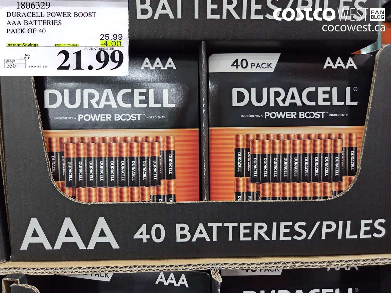 1806329 DURACELL POWER BOOST AAA BATTERIES PACK OF 40 ($4.00 INSTANT SAVINGS EXPIRES ON 2026-10-11) $21.99