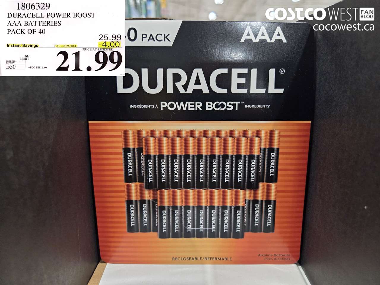 1806329 DURACELL POWER BOOST AAA BATTERIES PACK OF 40 ($4.00 INSTANT SAVINGS EXPIRES ON 2026-10-11) $21.99