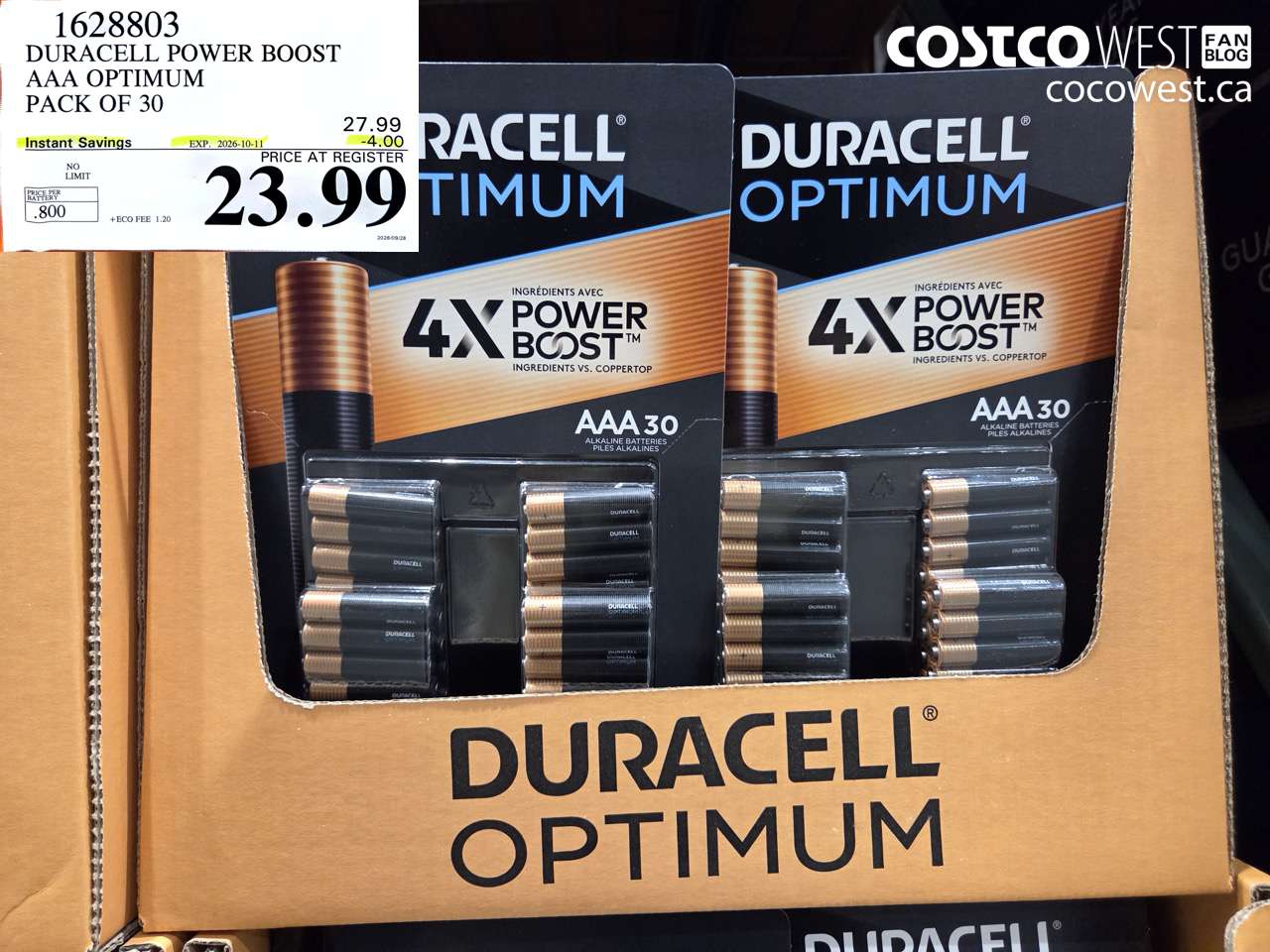 1628803 DURACELL POWER BOOST AAA OPTIMUM PACK OF 30 ($4.00 INSTANT SAVINGS EXPIRES ON 2026-10-11) $23.99