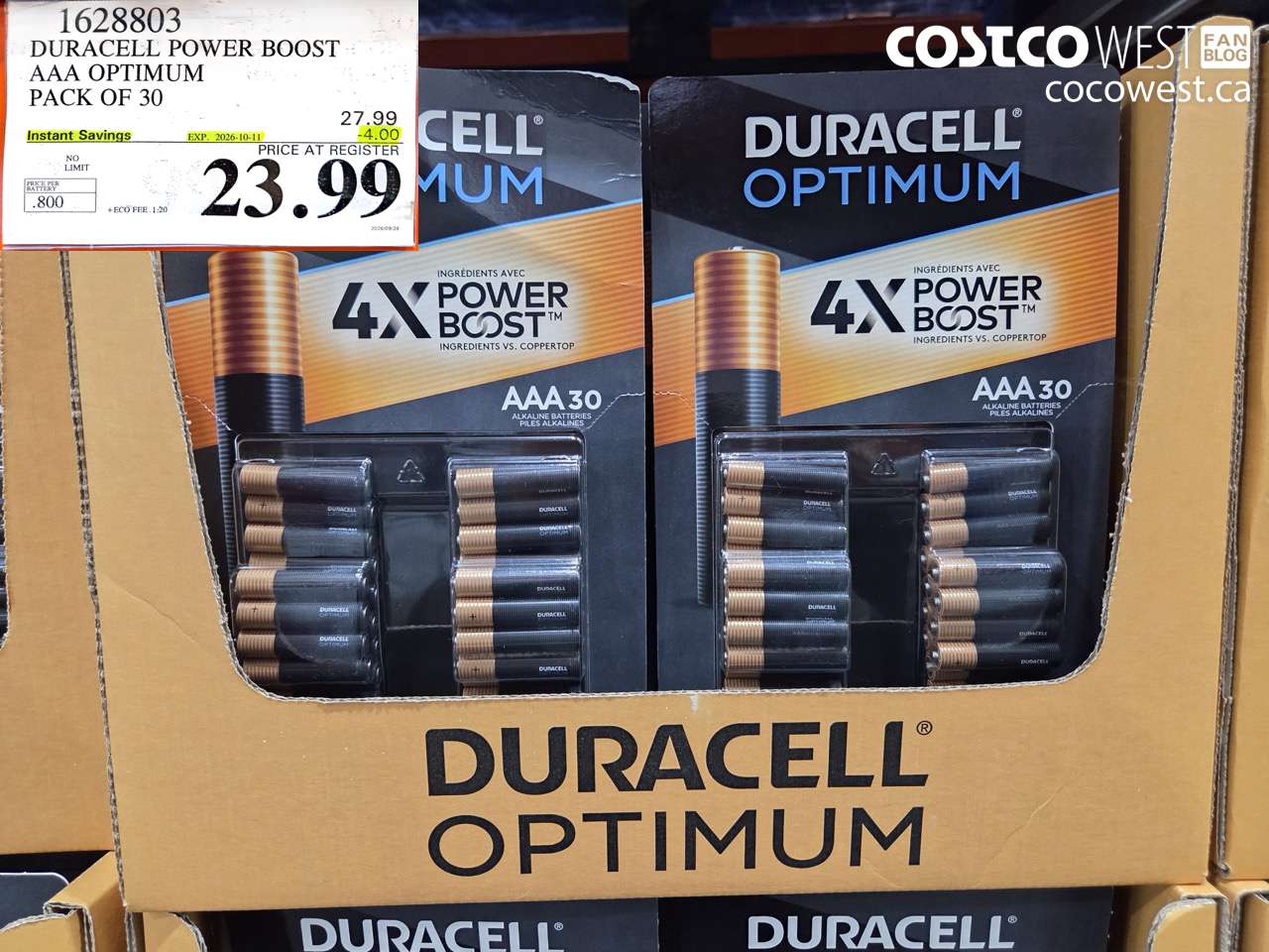 1628803 DURACELL POWER BOOST AAA OPTIMUM PACK OF 30 ($4.00 INSTANT SAVINGS EXPIRES ON 2026-10-11) $23.99