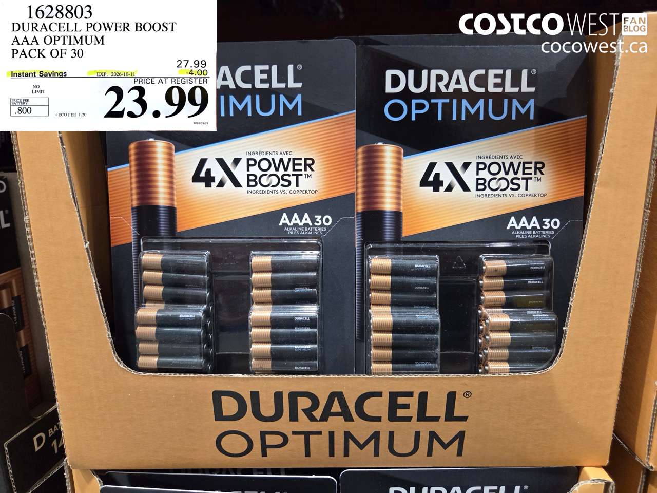 1628803 DURACELL POWER BOOST AAA OPTIMUM PACK OF 30 ($4.00 INSTANT SAVINGS EXPIRES ON 2026-10-11) $23.99