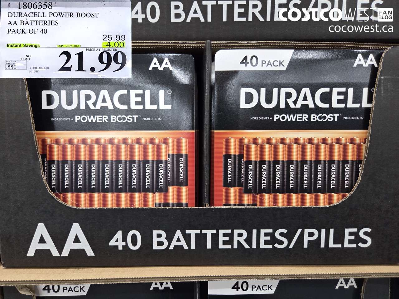 1806358 DURACELL POWER BOOST AA BATTERIES PACK OF 40 ($4.00 INSTANT SAVINGS EXPIRES ON 2026-10-11) $21.99
