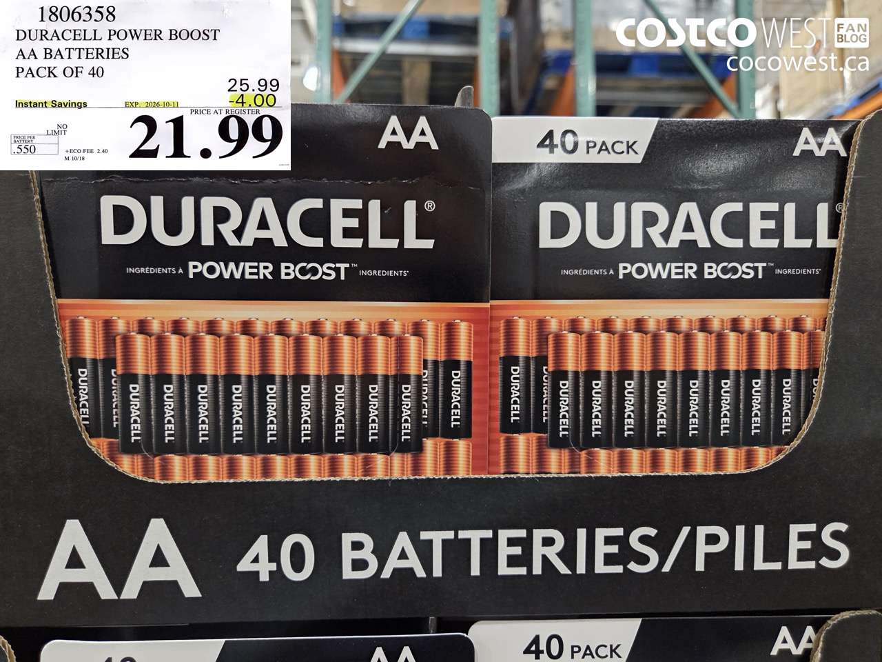 1806358 DURACELL POWER BOOST AA BATTERIES PACK OF 40 ($4.00 INSTANT SAVINGS EXPIRES ON 2026-10-11) $21.99