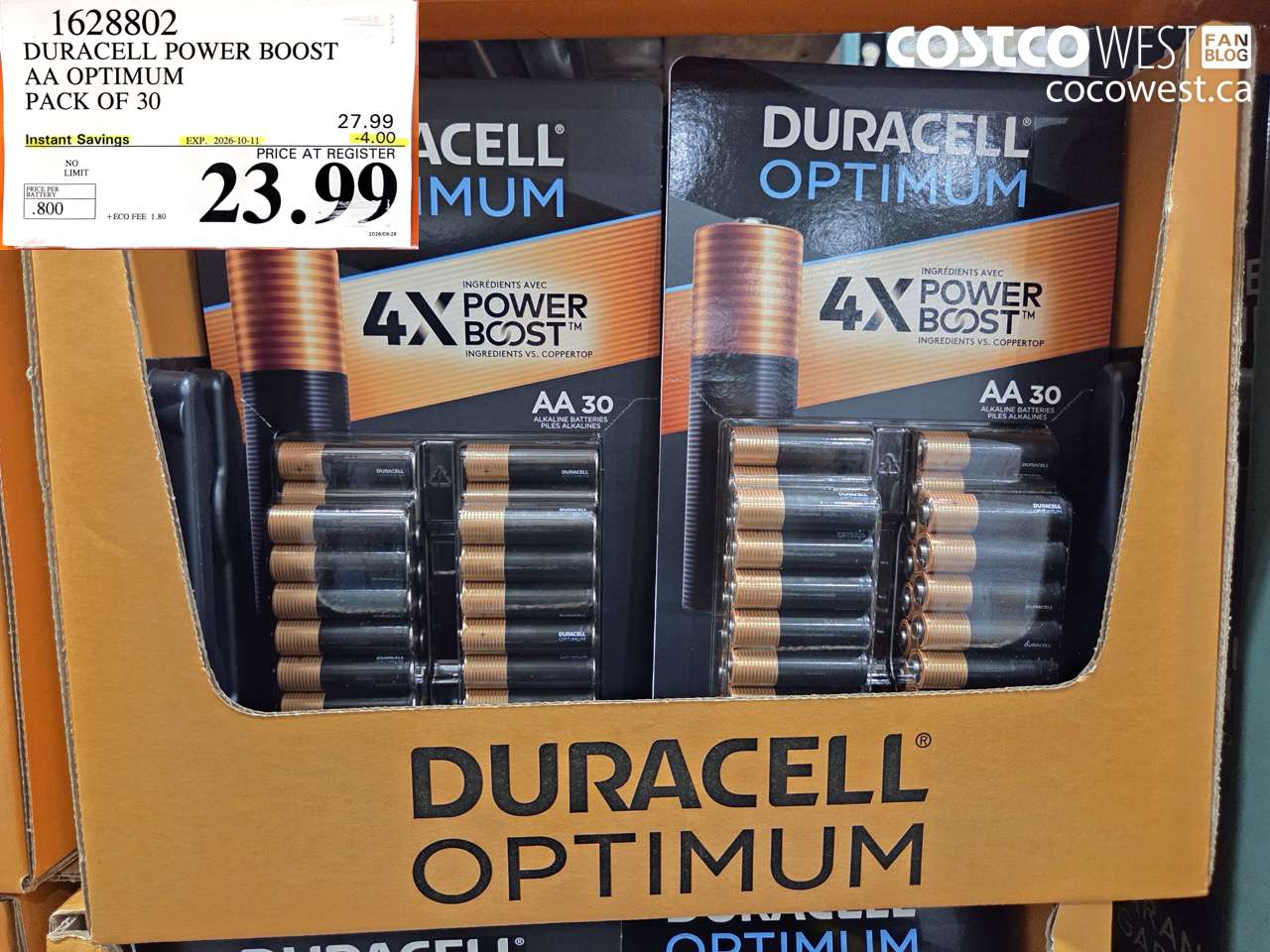 1628802 DURACELL POWER BOOST AA OPTIMUM PACK OF 30 ($4.00 INSTANT SAVINGS EXPIRES ON 2026-10-11) $23.99