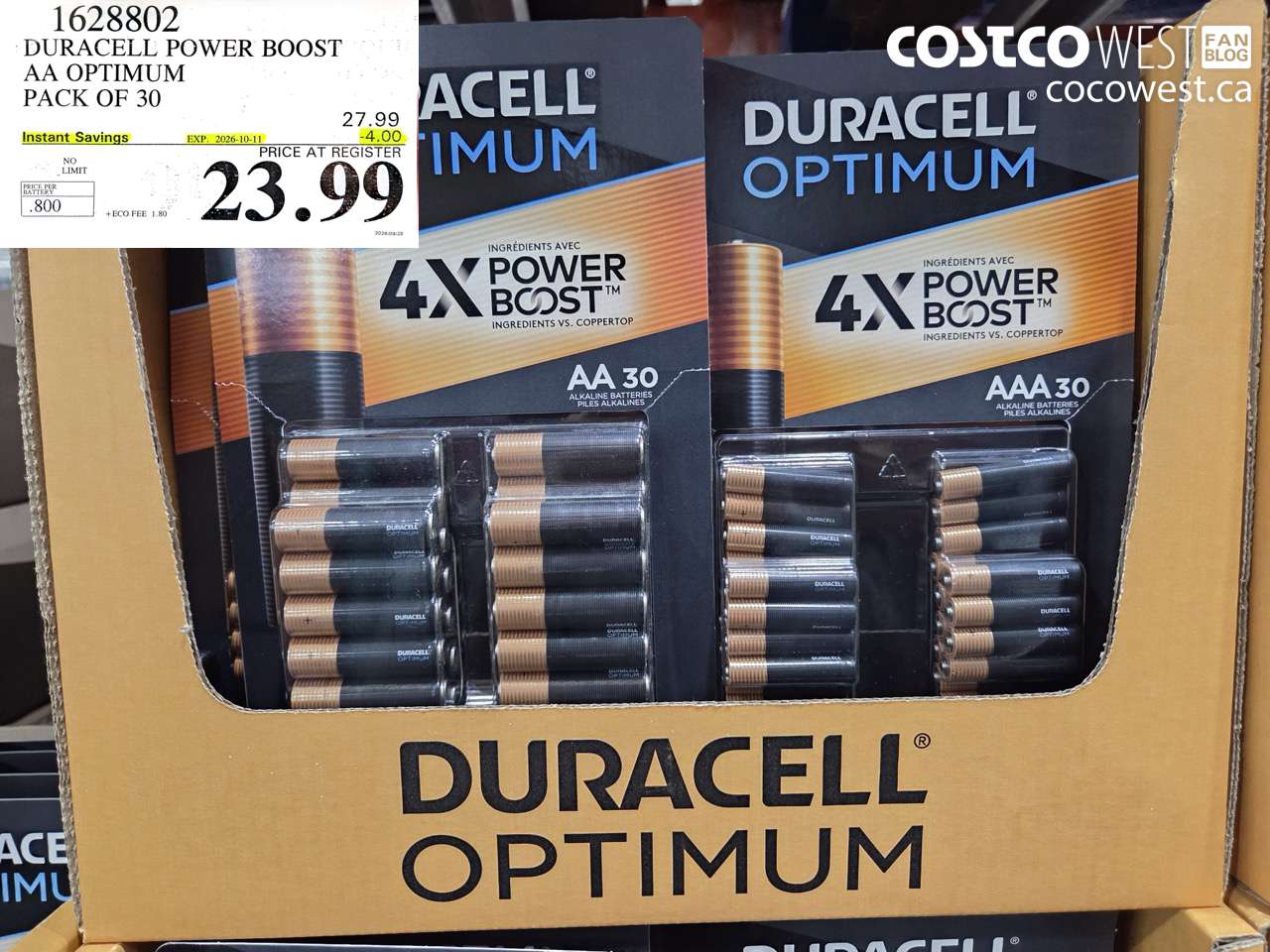1628802 DURACELL POWER BOOST AA OPTIMUM PACK OF 30 ($4.00 INSTANT SAVINGS EXPIRES ON 2026-10-11) $23.99