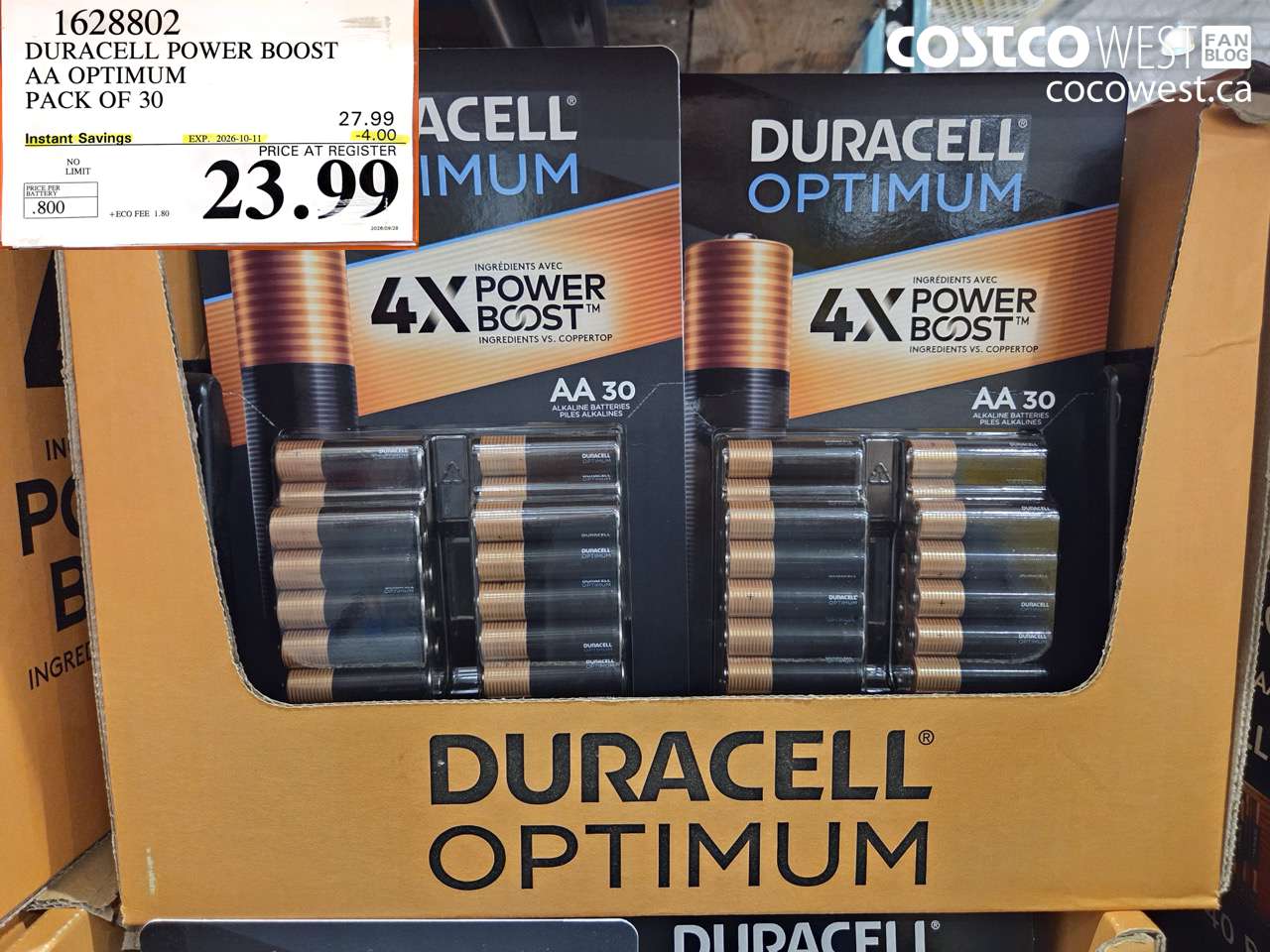 1628802 DURACELL POWER BOOST AA OPTIMUM PACK OF 30 ($4.00 INSTANT SAVINGS EXPIRES ON 2026-10-11) $23.99