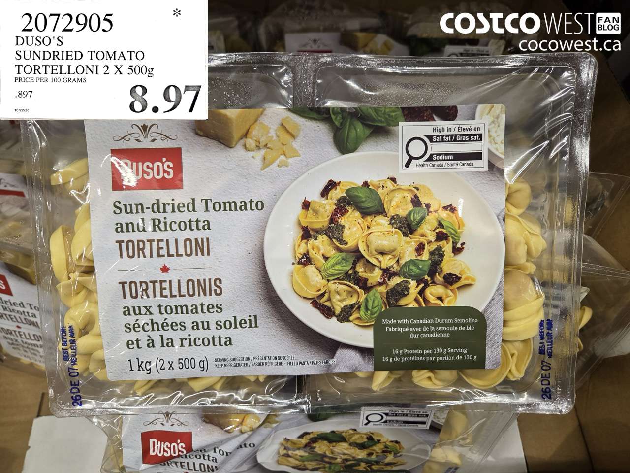 2072905 DUSO'S SUNDRIED TOMATO TORTELLONI 2 X 500G $8.97