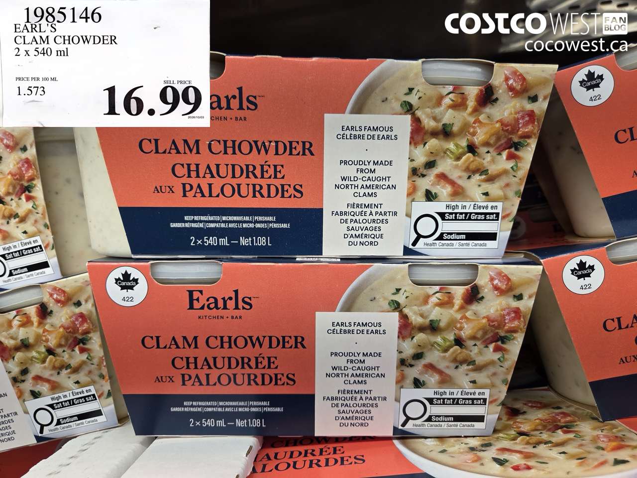 1985146 EARL'S CLAM CHOWDER 2 X 540 ML $16.99
