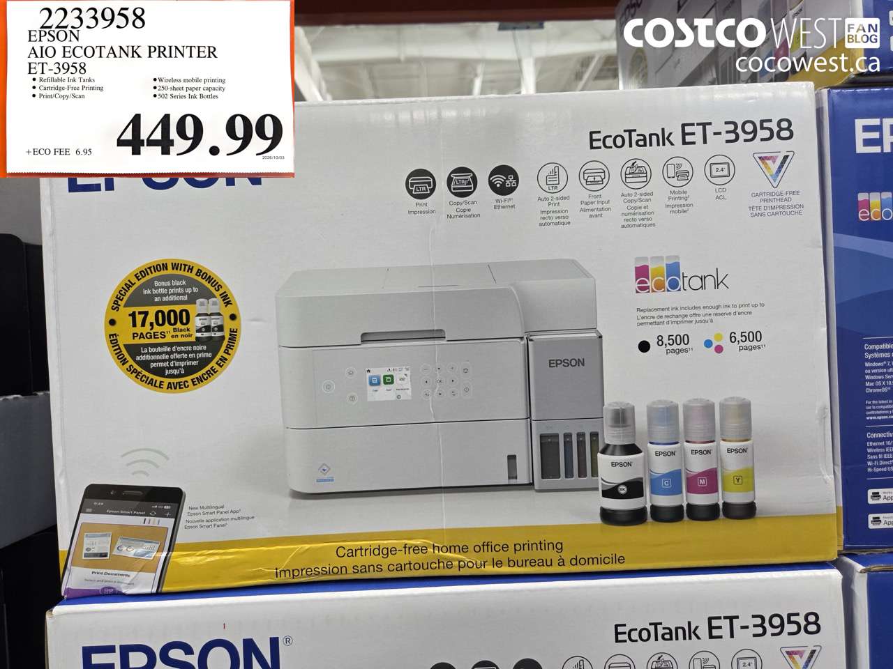 2233958 EPSON AIO ECOTANK PRINTER ET-3958 $449.99