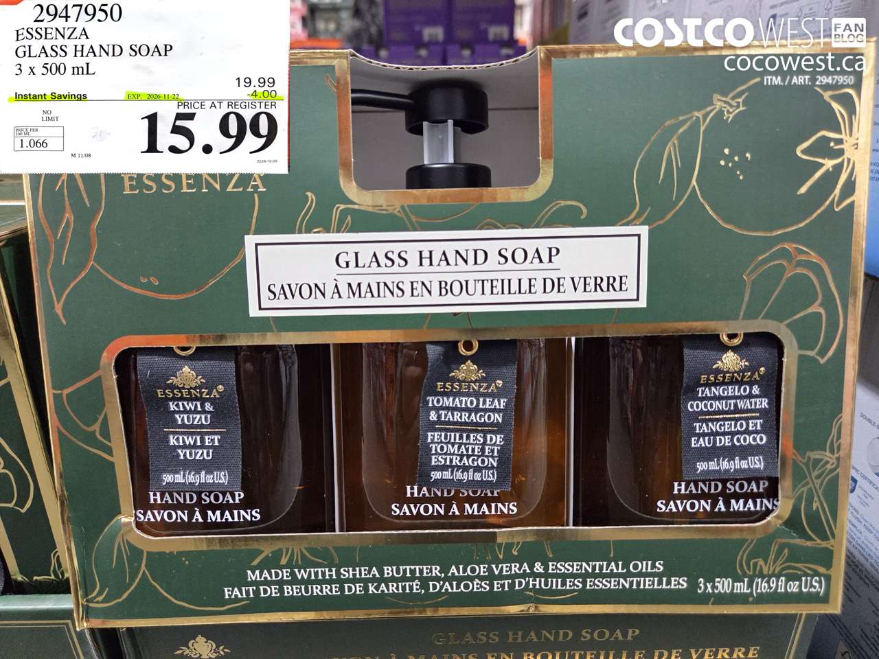 2947950 ESSENZA GLASS HAND SOAP 3 X 500 ML ($4.00 INSTANT SAVINGS EXPIRES ON 2026-11-22) $15.99
