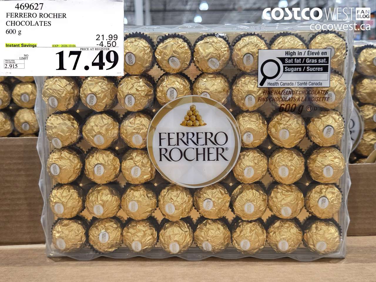 469627 FERRERO ROCHER CHOCOLATES 600 G ($4.50 INSTANT SAVINGS EXPIRES ON 2026-10-04) $17.49