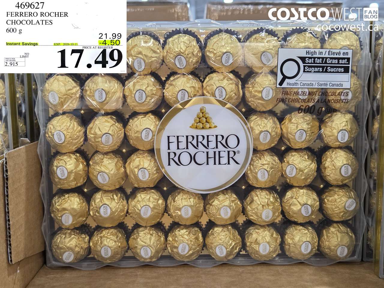 469627 FERRERO ROCHER CHOCOLATES 600 G ($4.50 INSTANT SAVINGS EXPIRES ON 2026-10-11) $17.49