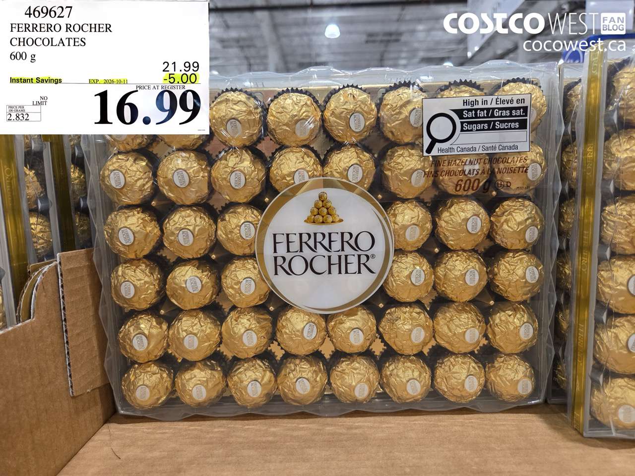 469627 FERRERO ROCHER CHOCOLATES 600 G ($5.00 INSTANT SAVINGS EXPIRES ON 2026-10-11) $16.99