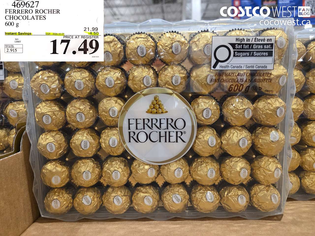 469627 FERRERO ROCHER CHOCOLATES 600 G ($4.50 INSTANT SAVINGS EXPIRES ON 2026-10-25) $17.49