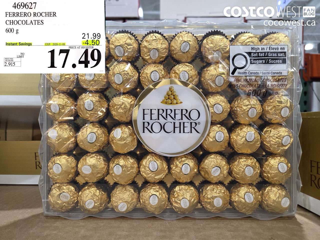 469627 FERRERO ROCHER CHOCOLATES 600 G ($4.50 INSTANT SAVINGS EXPIRES ON 2026-11-08) $17.49