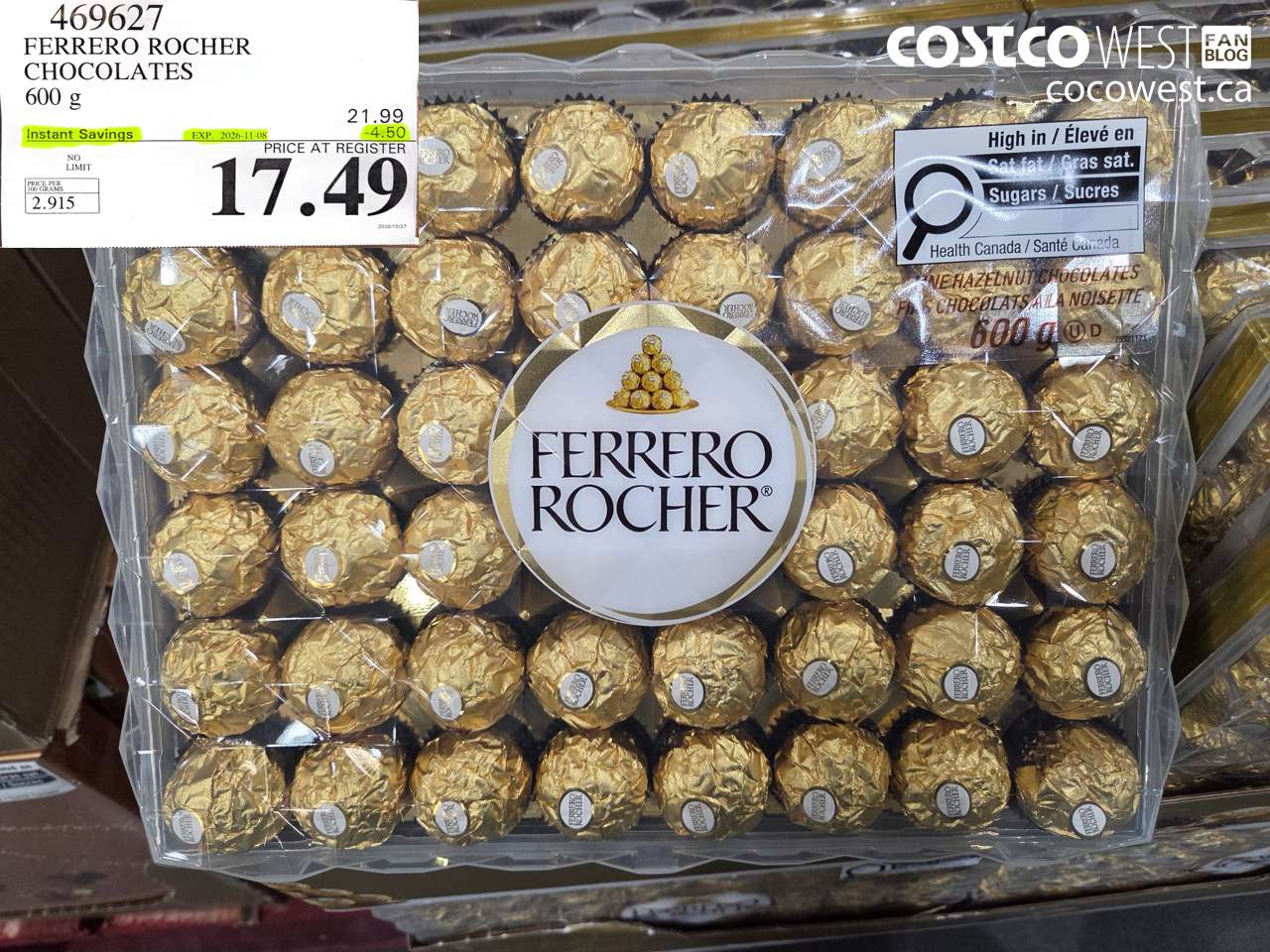 469627 FERRERO ROCHER CHOCOLATES 600 G ($4.50 INSTANT SAVINGS EXPIRES ON 2026-11-08) $17.49