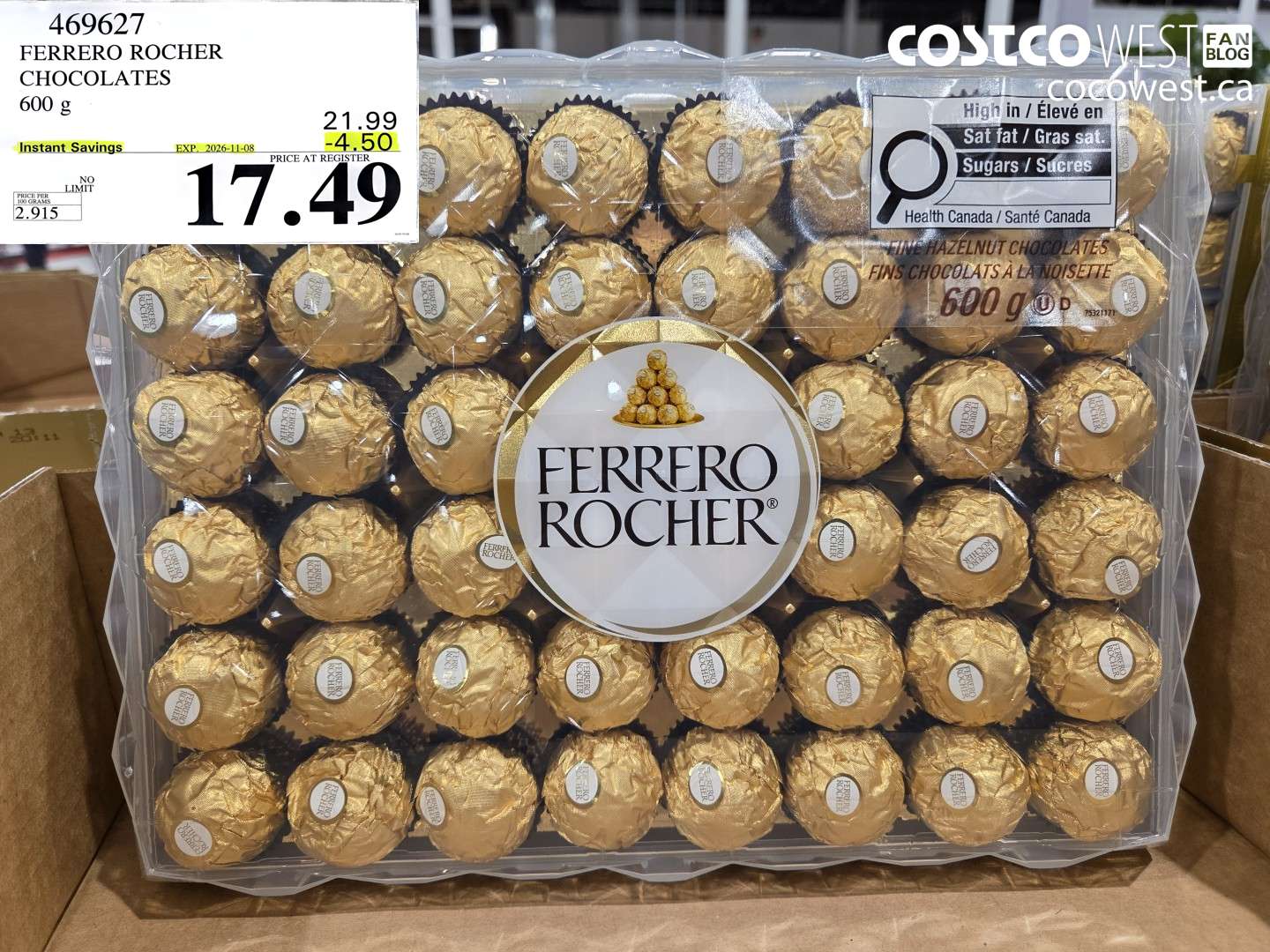 469627 FERRERO ROCHER CHOCOLATES 600 G ($4.50 INSTANT SAVINGS EXPIRES ON 2026-11-08) $17.49