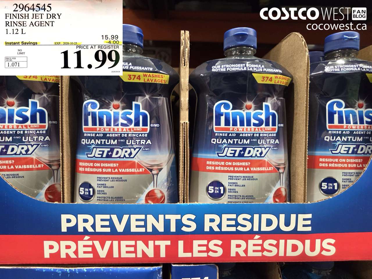 2964545 FINISH JET DRY RINSE AGENT 1.12 L ($4.00 INSTANT SAVINGS EXPIRES ON 2026-10-25) $11.99