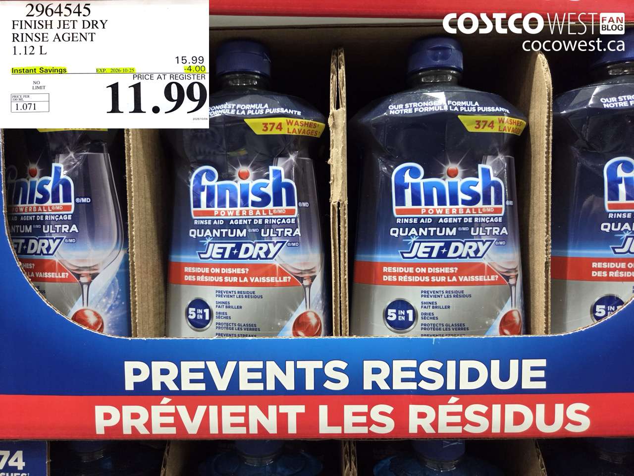 2964545 FINISH JET DRY RINSE AGENT 1.12 L ($4.00 INSTANT SAVINGS EXPIRES ON 2026-10-25) $11.99