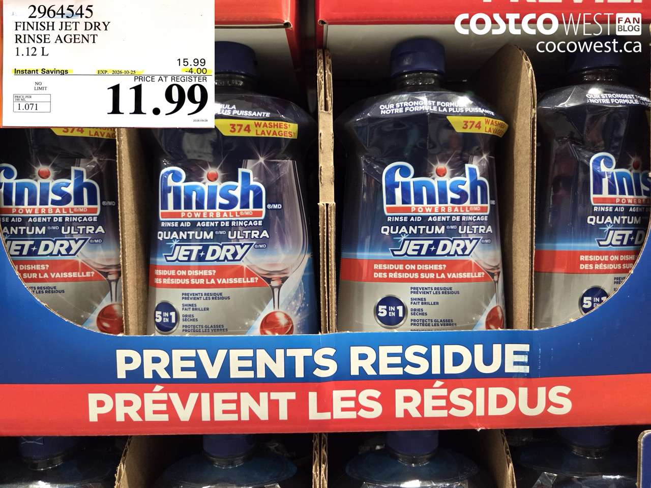 2964545 FINISH JET DRY RINSE AGENT 1.12 L ($4.00 INSTANT SAVINGS EXPIRES ON 2026-10-25) $11.99