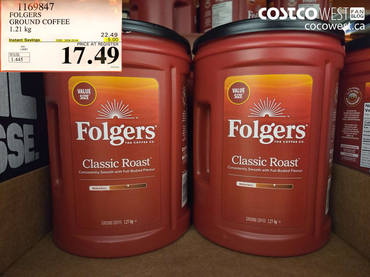 1169847 FOLGERS GROUND COFFEE 1.21 KG ($5.00 INSTANT SAVINGS EXPIRES ON 2026-10-04) $17.49