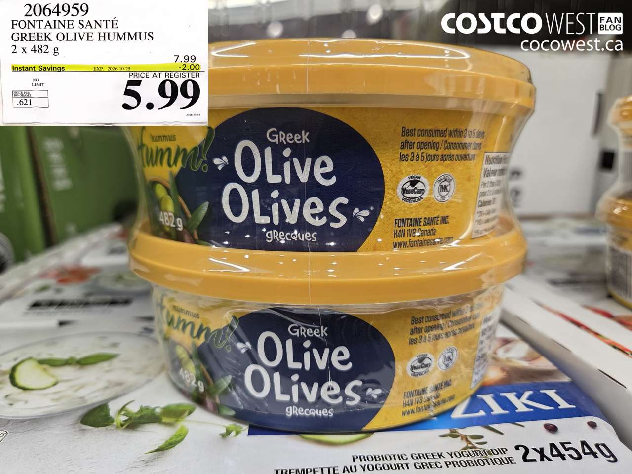 2064959 FONTAINE SANTÉ GREEK OLIVE HUMMUS 2 X 482 G ($2.00 INSTANT SAVINGS EXPIRES ON 2026-10-25) $5.99