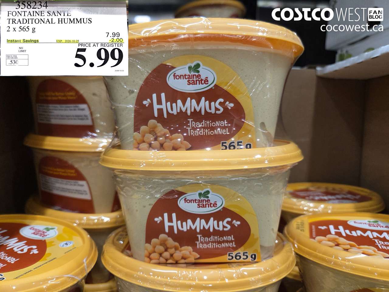 358234 FONTAINE SANTE TRADITIONAL HUMMUS 2 X 565 G ($2.00 INSTANT SAVINGS EXPIRES ON 2026-10-25) $5.99
