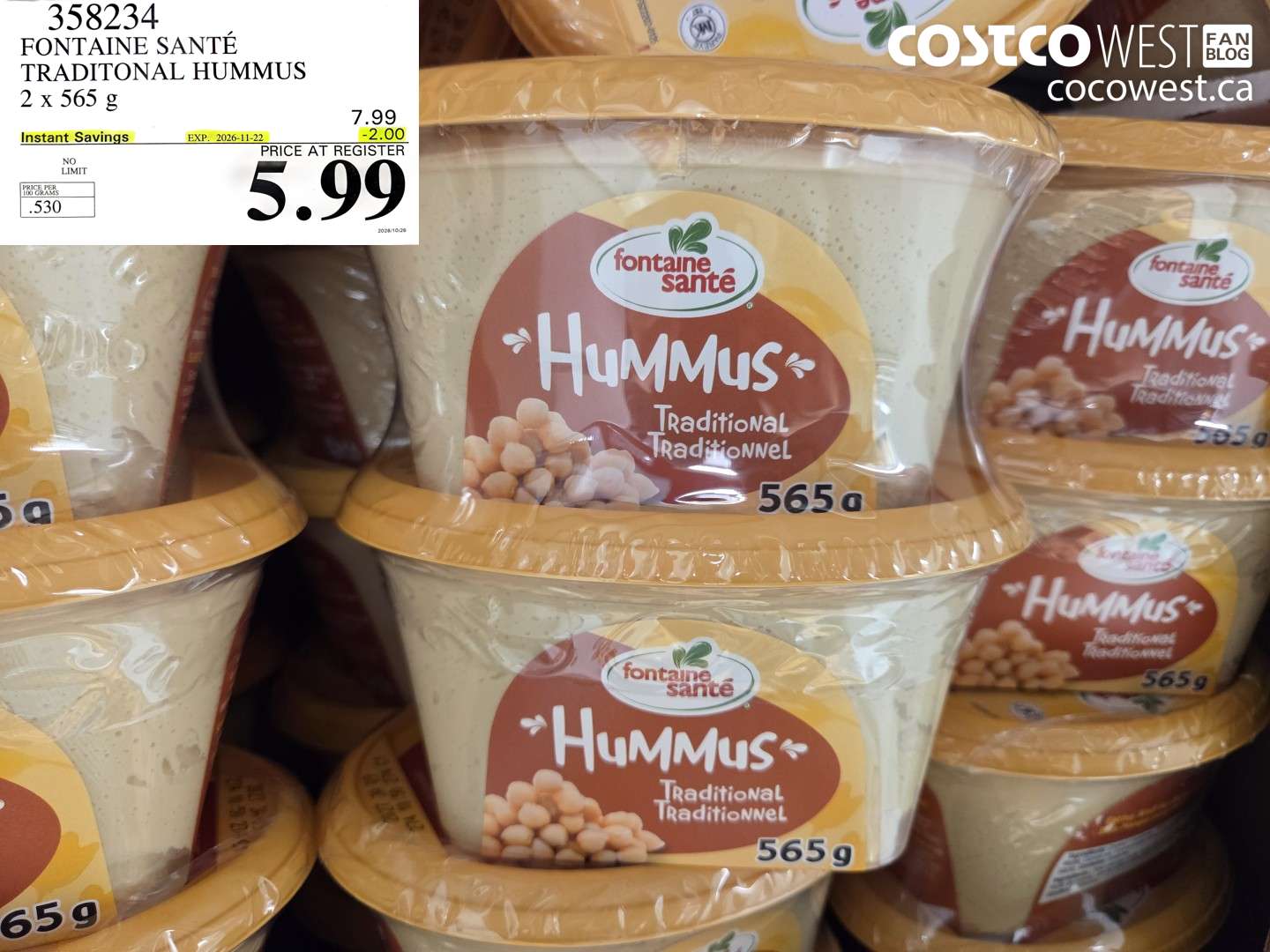 358234 FONTAINE SANTÉ TRADITIONAL HUMMUS 2 X 565 G ($2.00 INSTANT SAVINGS EXPIRES ON 2026-11-22) $5.99