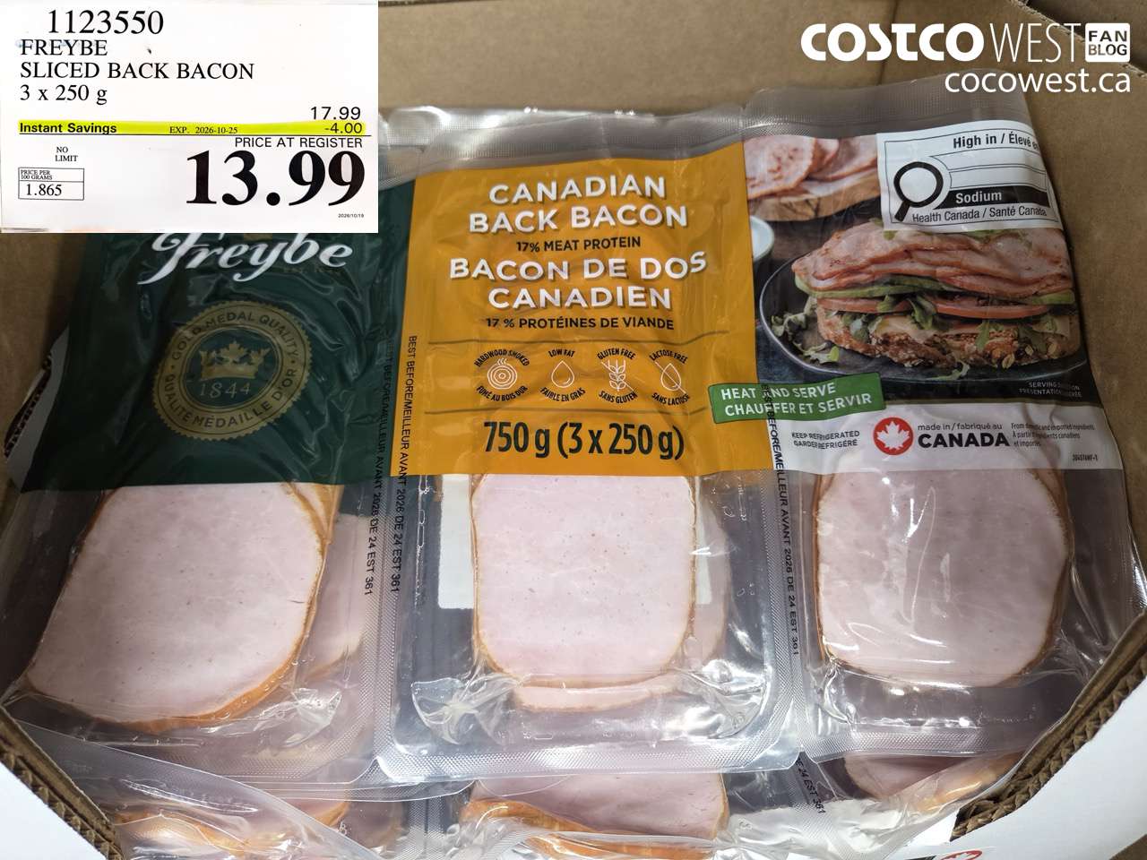 1123550 FREYBE SLICED BACK BACON 3 X 250 G ($4.00 INSTANT SAVINGS EXPIRES ON 2026-10-25) $13.99