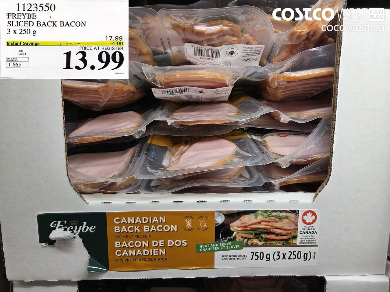 1123550 FREYBE SLICED BACK BACON 3 X 250 G ($4.00 INSTANT SAVINGS EXPIRES ON 2026-10-25) $13.99