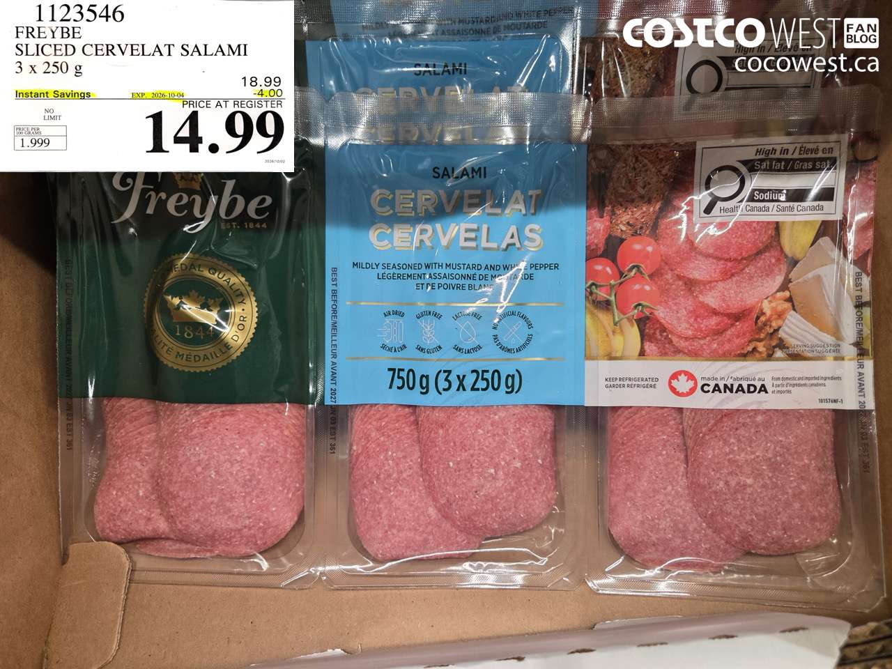 1123546 FREYBE SLICED CERVELAT SALAMI 3 X 250 G ($4.00 INSTANT SAVINGS EXPIRES ON 2026-10-04) $14.99