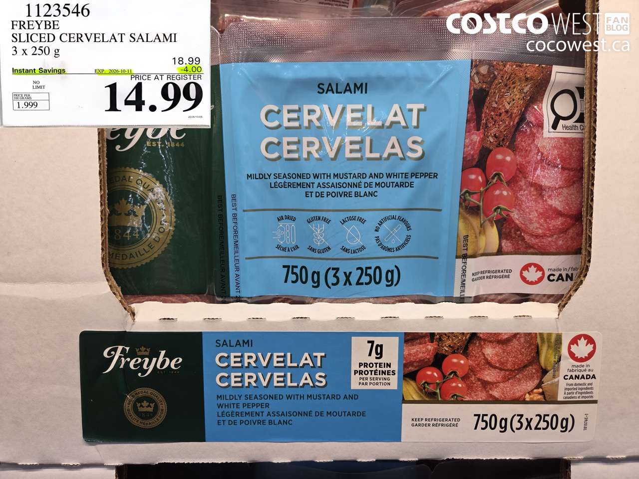 1123546 FREYBE SLICED CERVELAT SALAMI 3 X 250 G ($4.00 INSTANT SAVINGS EXPIRES ON 2026-10-11) $14.99