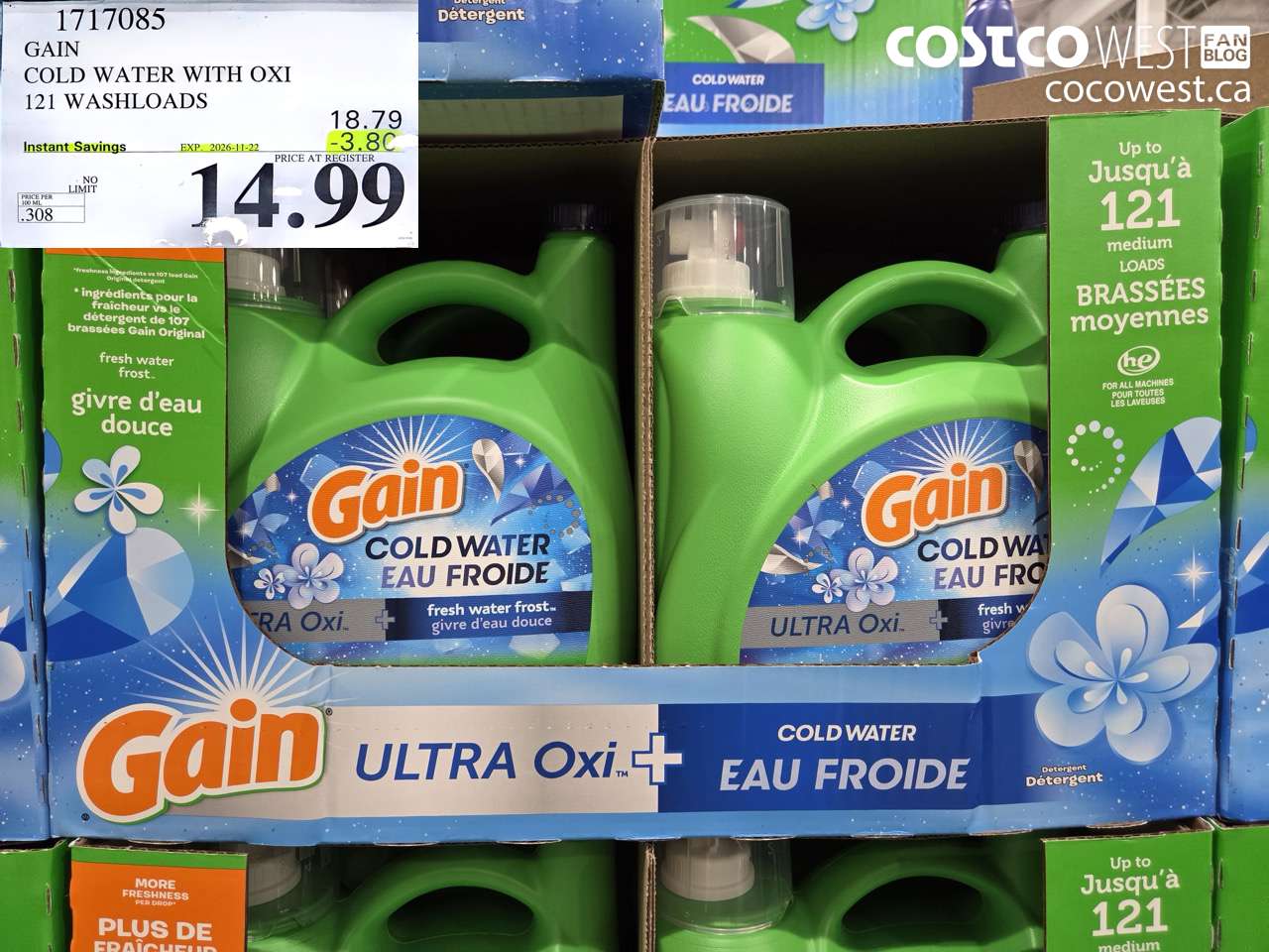 1717085 GAIN COLD WATER WITH OXI 121 WASHLOADS ($3.80 INSTANT SAVINGS EXPIRES ON 2026-11-22) $14.99