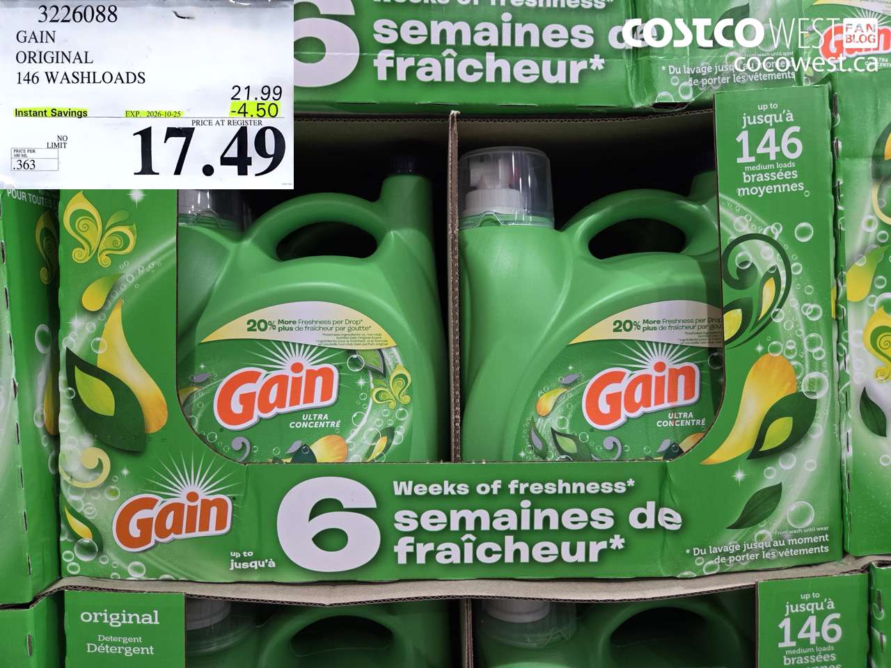3226088 GAIN ORIGINAL 146 WASHLOADS ($4.50 INSTANT SAVINGS EXPIRES ON 2026-10-25) $17.49