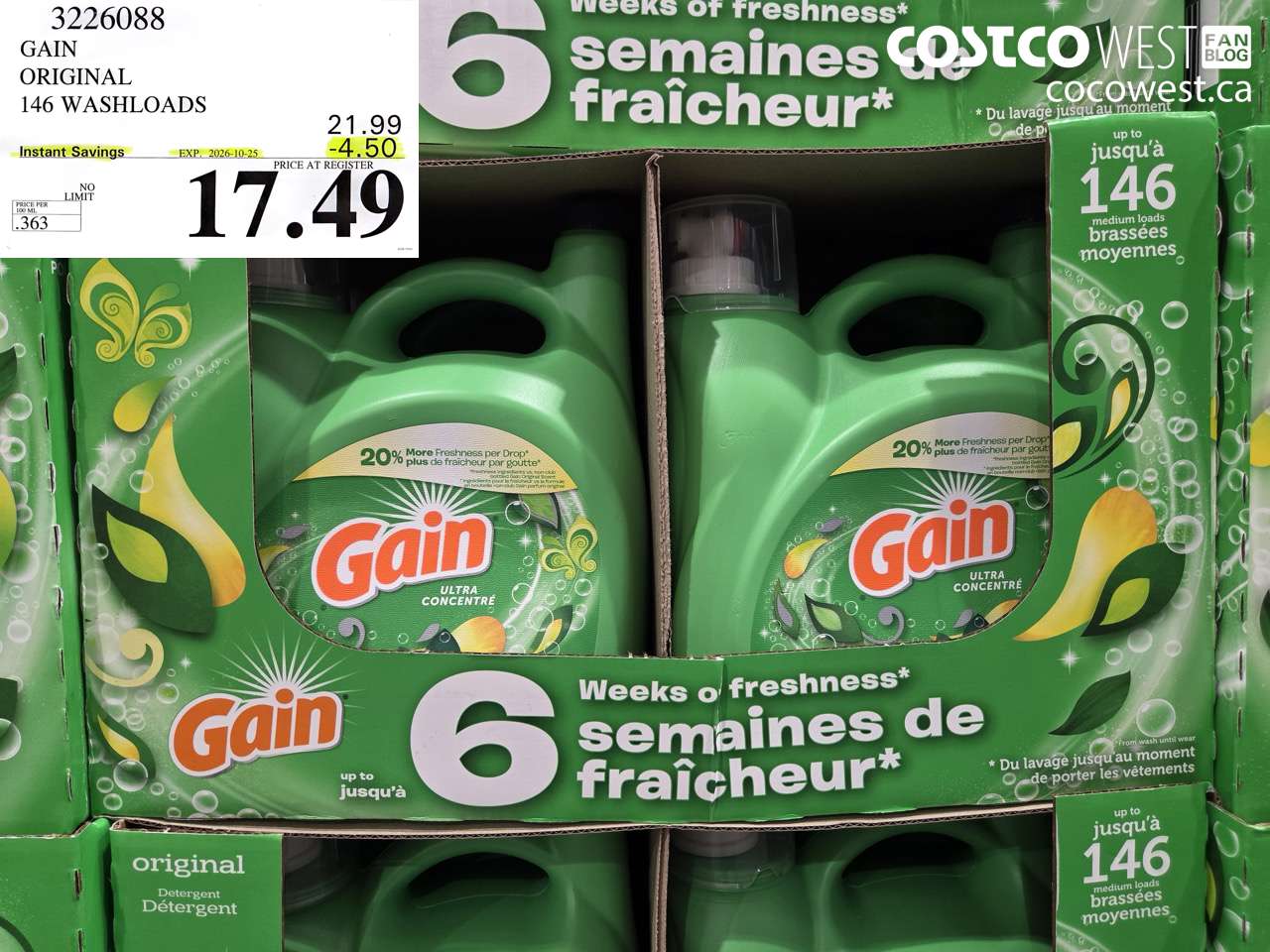 3226088 GAIN ORIGINAL 146 WASHLOADS ($4.50 INSTANT SAVINGS EXPIRES ON 2026-10-25) $17.49
