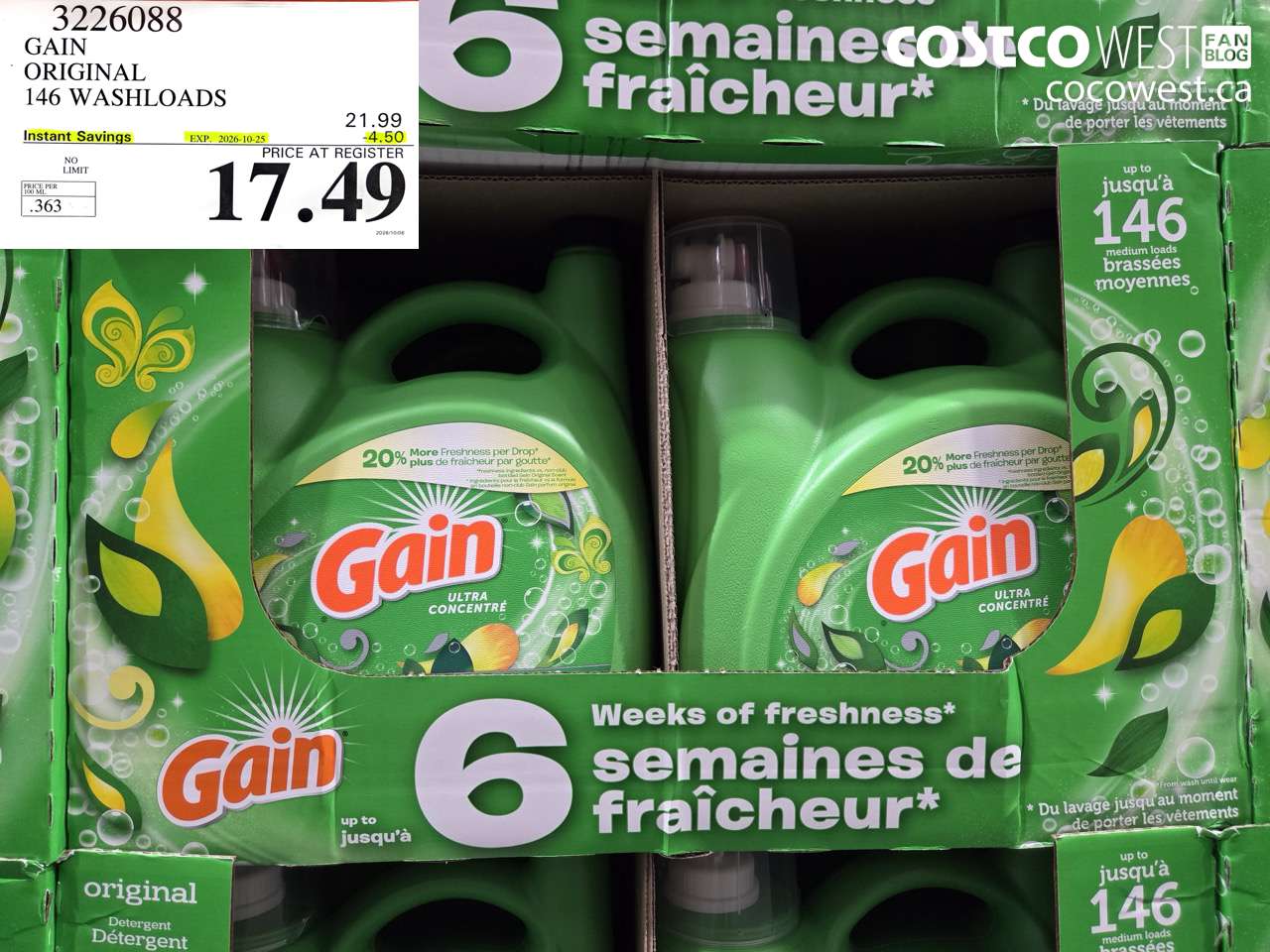 3226088 GAIN ORIGINAL 146 WASHLOADS ($4.50 INSTANT SAVINGS EXPIRES ON 2026-10-25) $17.49