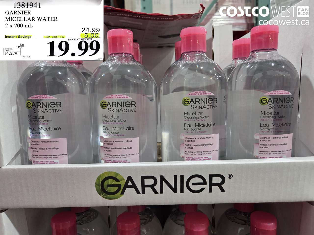 1381941 GARNIER MICELLAR WATER 2 X 700 ML ($5.00 INSTANT SAVINGS EXPIRES ON 2026-11-22) $19.99
