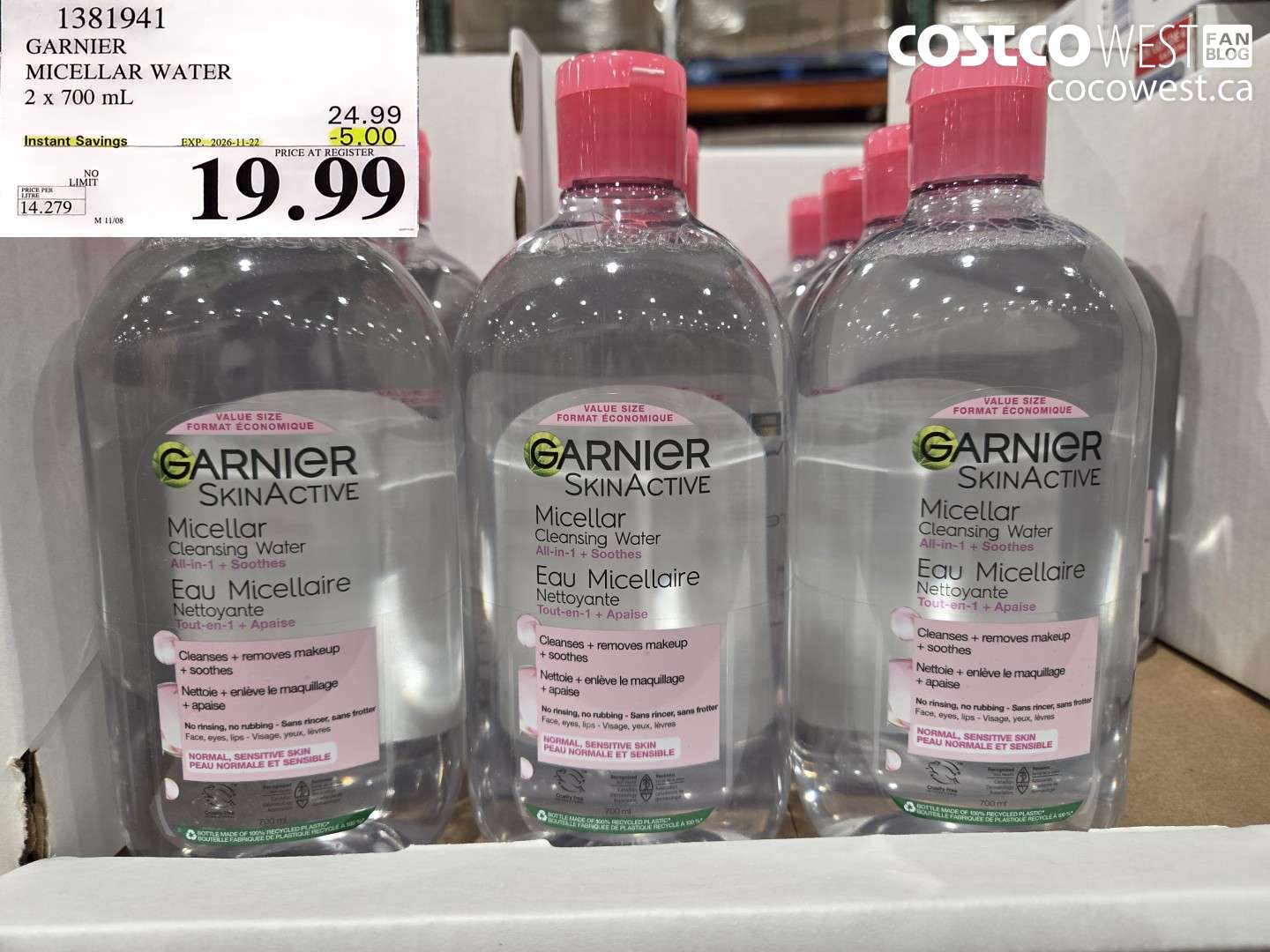 1381941 GARNIER MICELLAR WATER 2 X 700 ML ($5.00 INSTANT SAVINGS EXPIRES ON 2026-11-22) $19.99