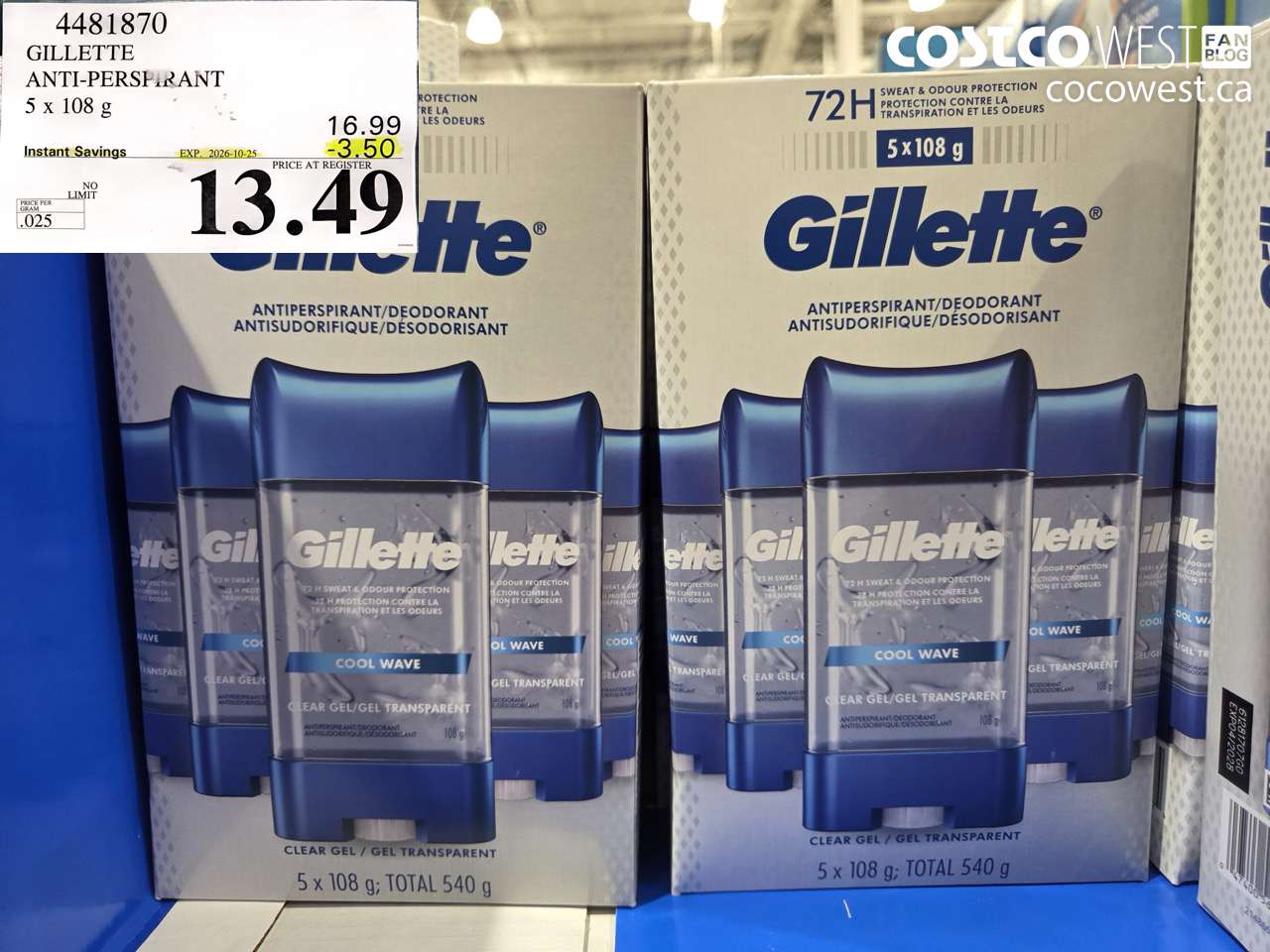 4481870 GILLETTE ANTI-PERSPIRANT 5 X 108 G ($3.50 INSTANT SAVINGS EXPIRES ON 2026-10-25) $13.49