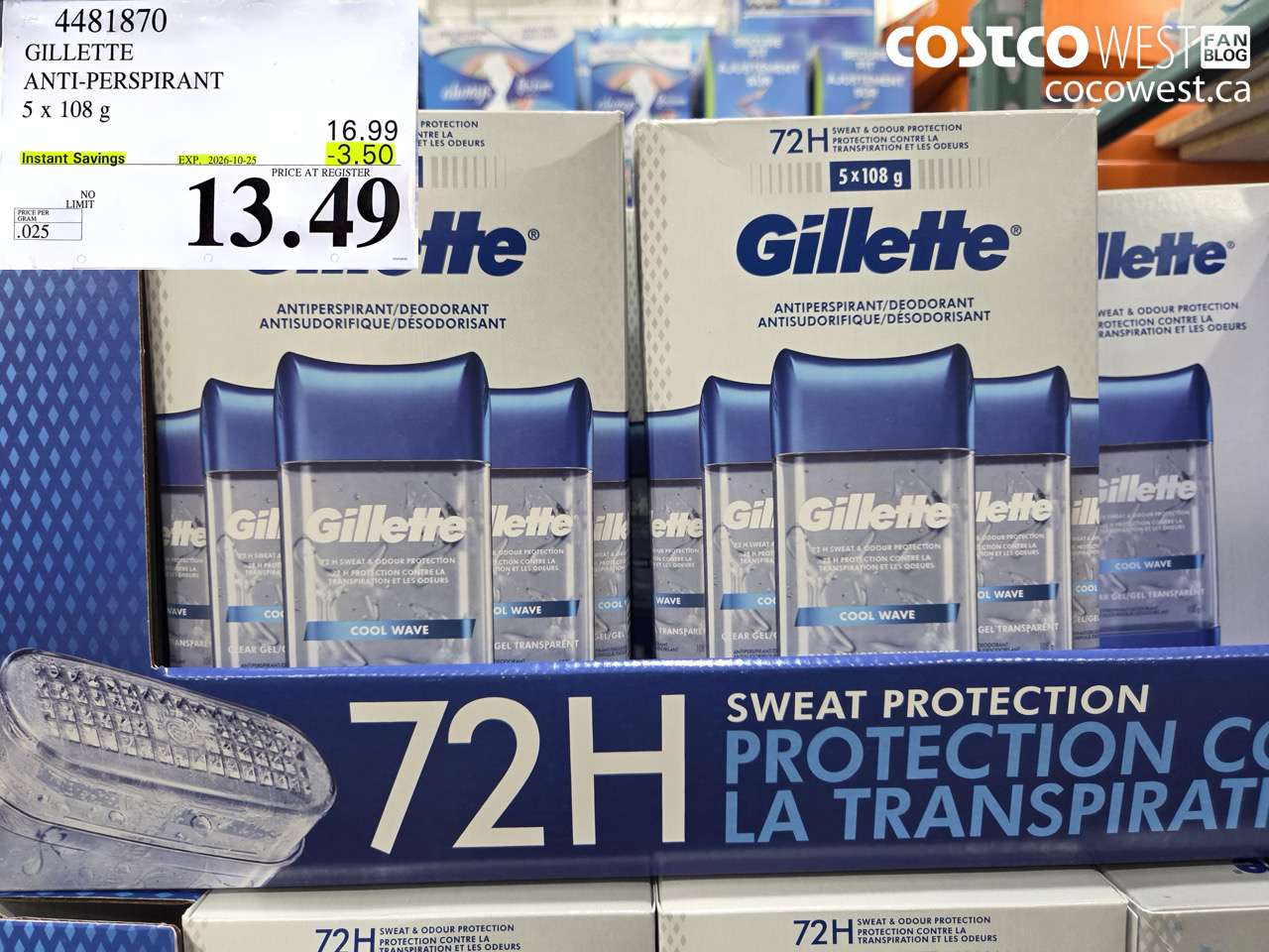 4481870 GILLETTE ANTI-PERSPIRANT 5 X 108 G ($3.50 INSTANT SAVINGS EXPIRES ON 2026-10-25) $13.49