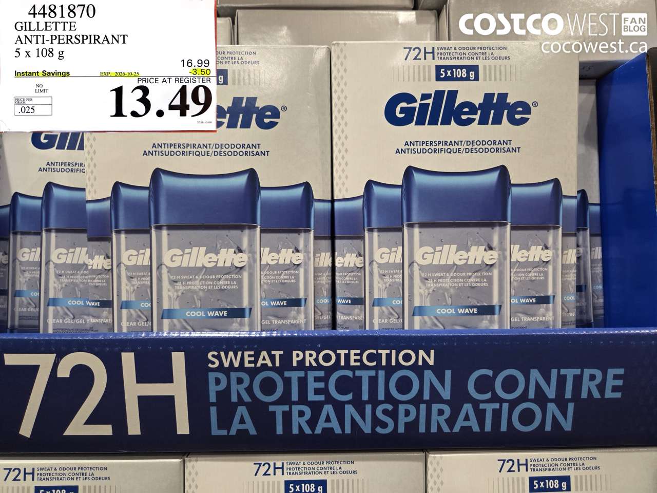 4481870 GILLETTE ANTI-PERSPIRANT 5 X 108 G ($3.50 INSTANT SAVINGS EXPIRES ON 2026-10-25) $13.49