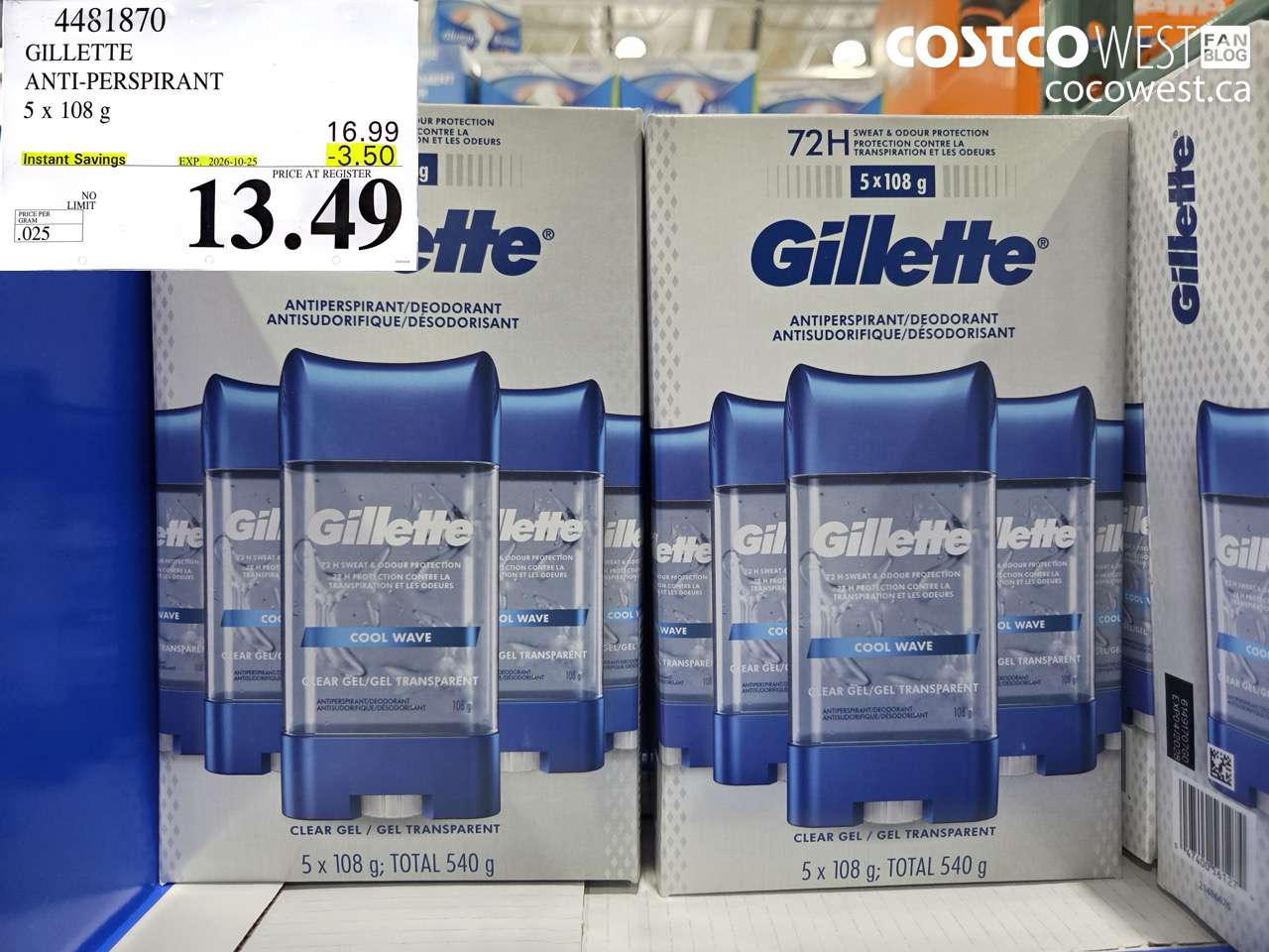 4481870 GILLETTE ANTI-PERSPIRANT 5 X 108 G ($3.50 INSTANT SAVINGS EXPIRES ON 2026-10-25) $13.49